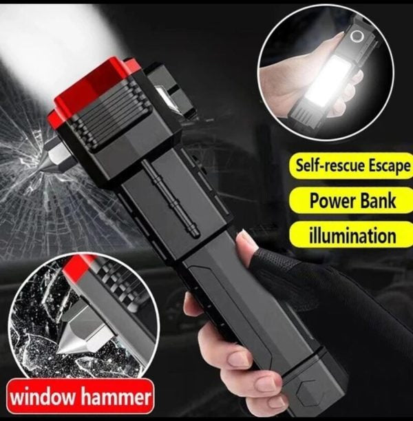 High-Power LED Torch Light Rechargeable โ Tactical Hammer Flashlight with Power Bank & Box