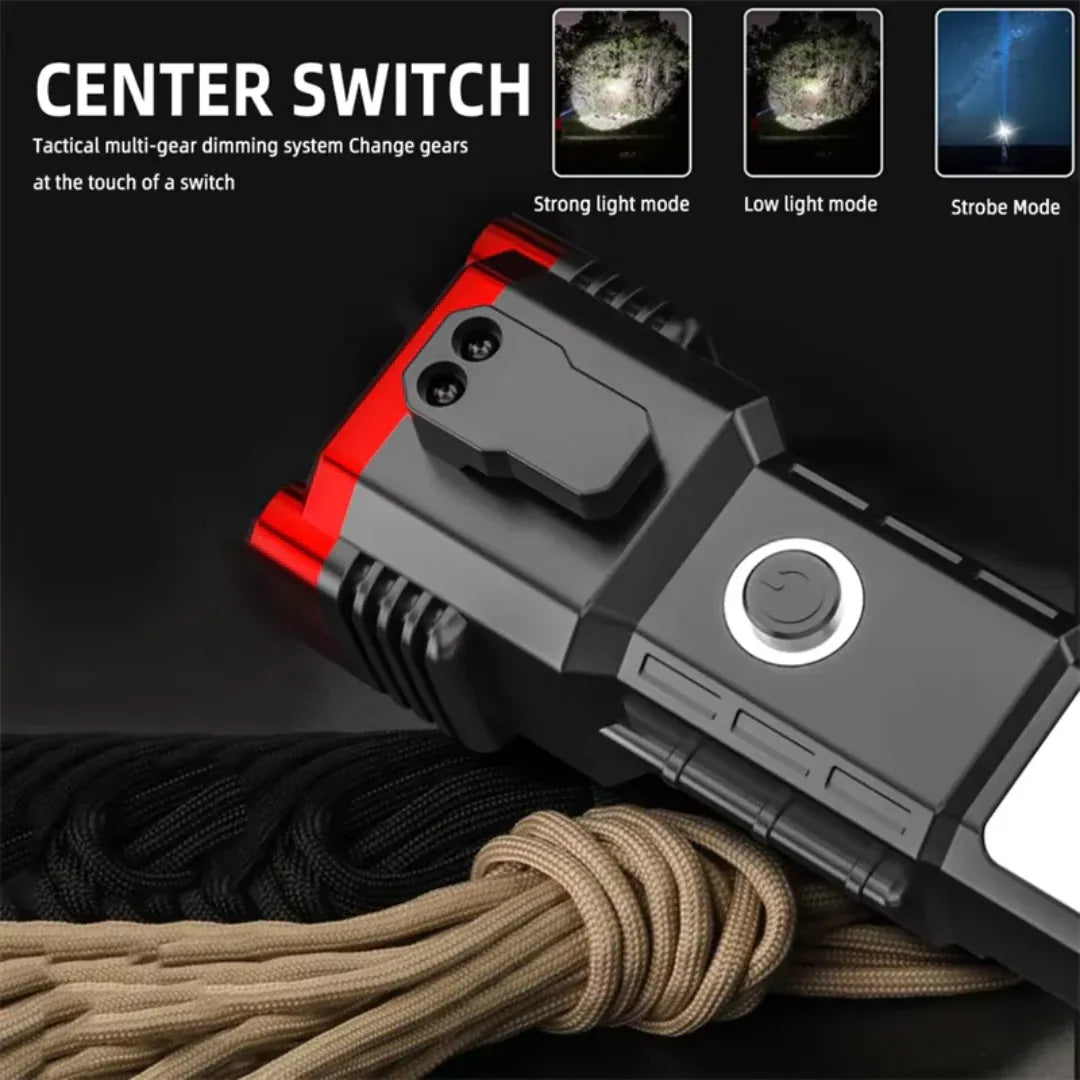 High-Power LED Torch Light Rechargeable – Tactical Hammer Flashlight with Power Bank & Box